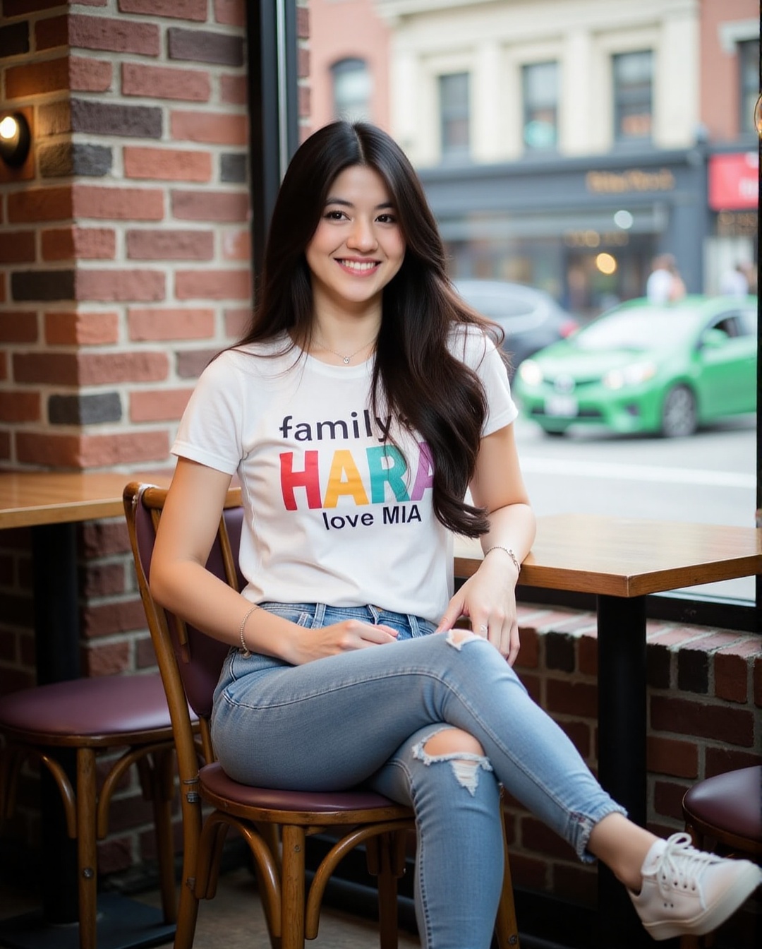The image shows a young woman sitting on a chair in a cozy indoor setting. She is wearing a white t-shirt with colorful te...