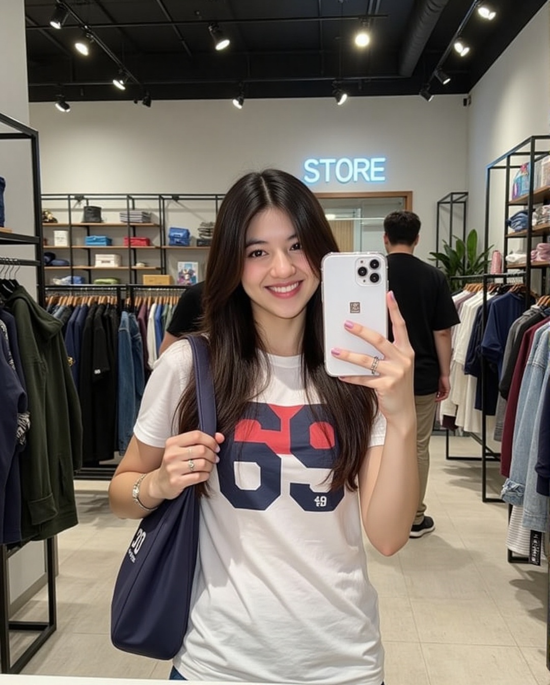 The image shows a young woman standing in a retail store,  taking a selfie with a white smartphone. She is wearing a large...