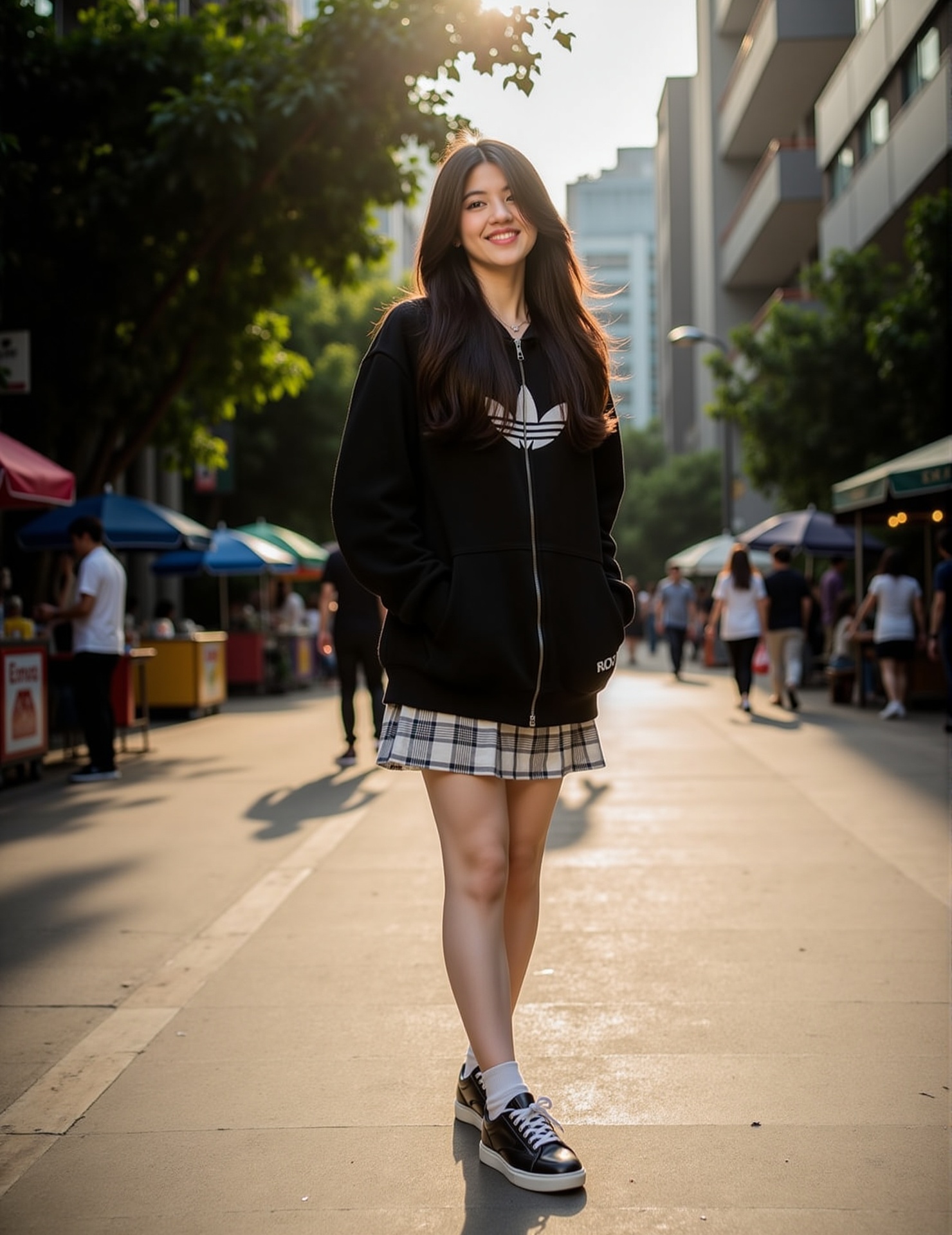 Girl stands confidently with hands in pockets,  wearing a Vonzy zipped hoodie and layered skirt,  paired with sleek sneake...