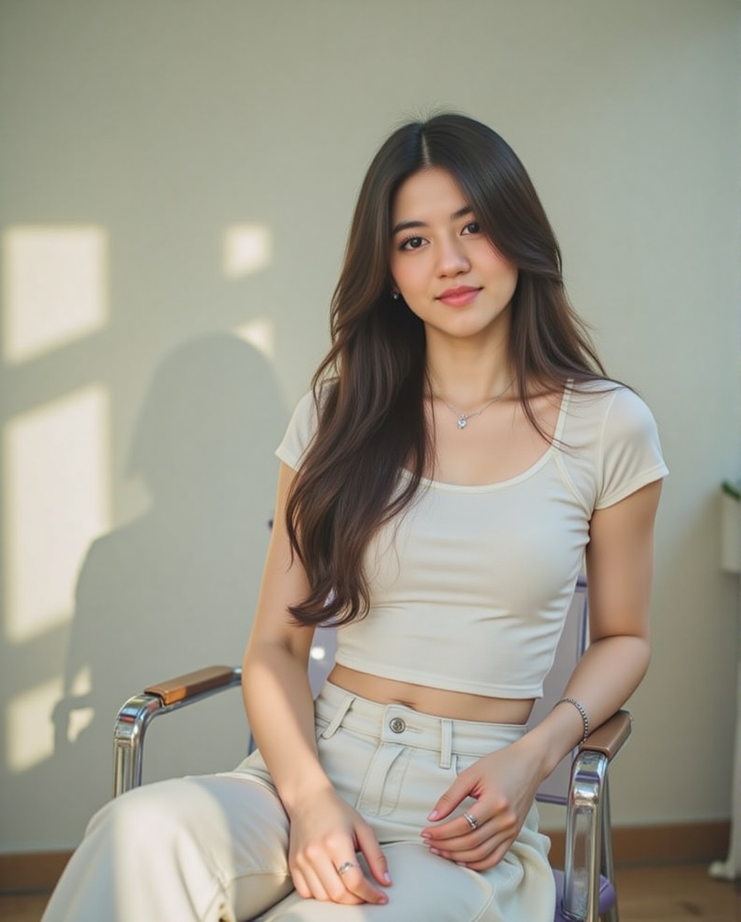 The image shows a young woman sitting on a transparent chair. She is wearing a white cropped t-shirt and white pants. Her...
