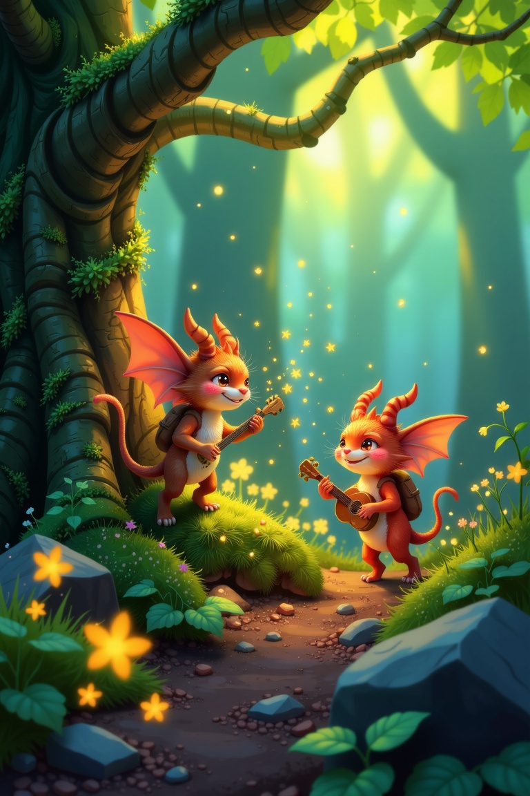 A digital artwork inspired by Goro Fujita's style,  showcasing little creatures enjoying themselves in a lush forest. The...
