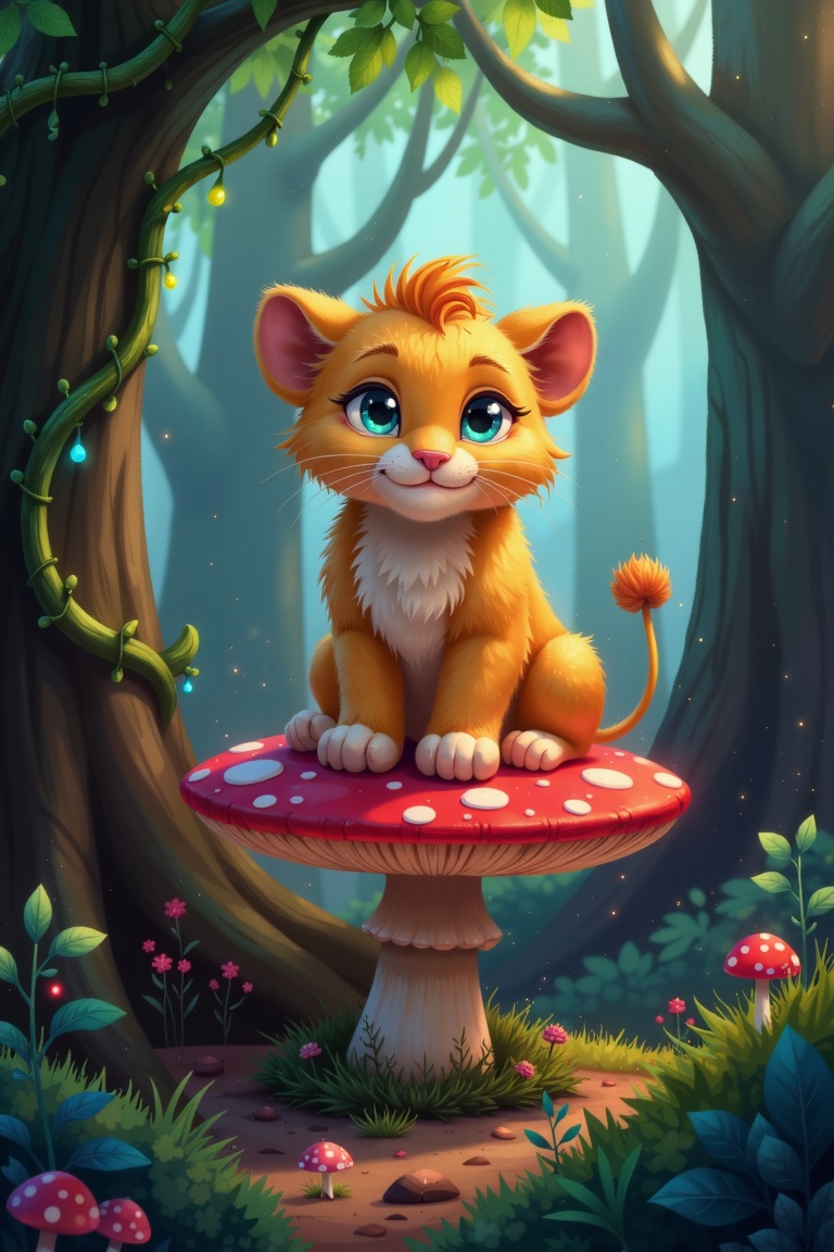 Whimsical forest landscape with a chubby lion cub sitting precariously on a toadstool,  surrounded by towering trees with...