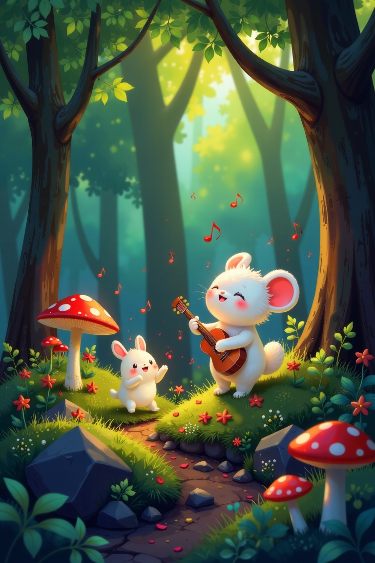 Digital artwork in Goro Fujita's style,  depicting little creatures having fun in a lush forest. Framed as an overhead vie...