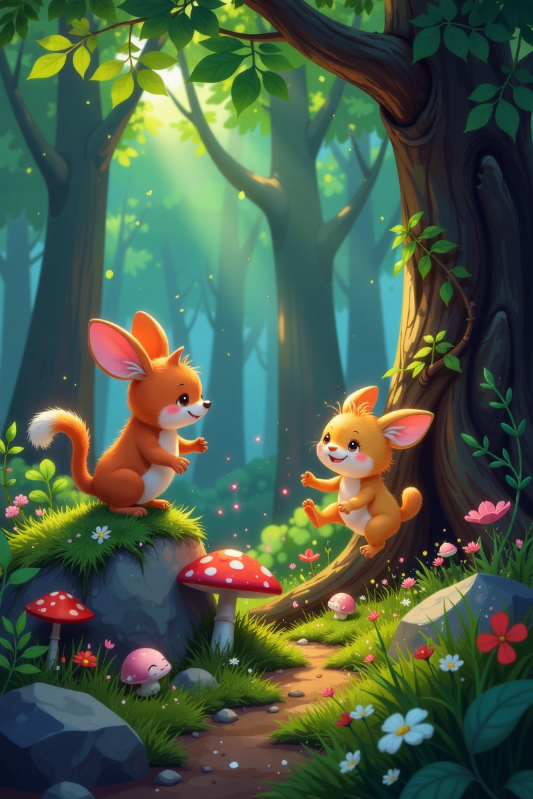 A vibrant digital artwork in Goro Fujita's style,  featuring little creatures playfully interacting in a lush forest. The...