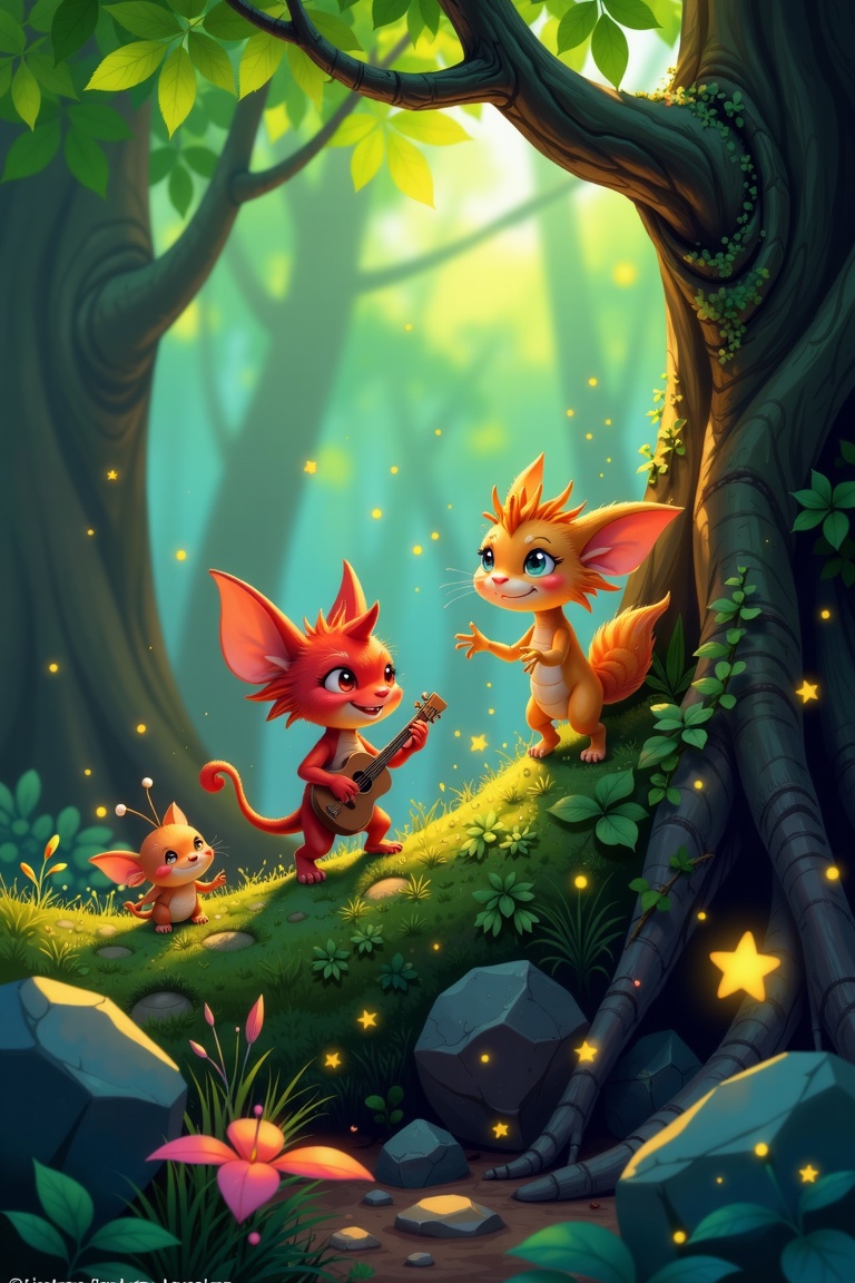 A digital artwork inspired by Goro Fujita's style,  showcasing little creatures enjoying themselves in a lush forest. The...