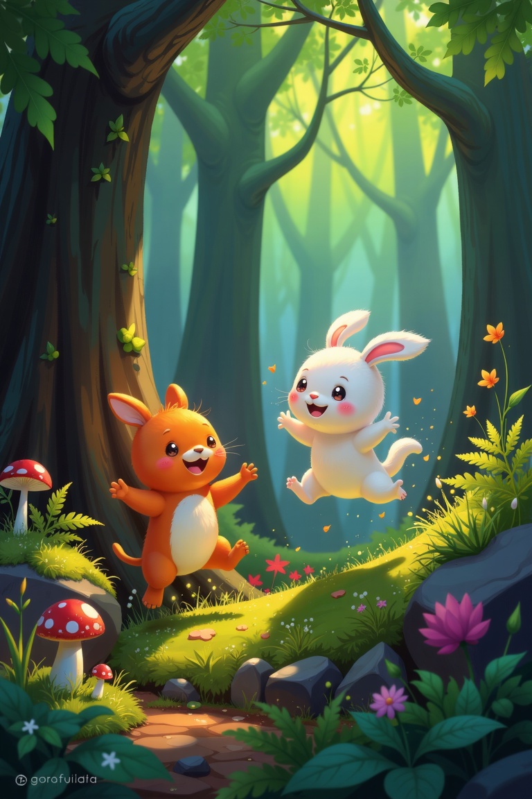 A digital artwork inspired by Goro Fujita's style,  showcasing little creatures enjoying themselves in a lush forest. The...