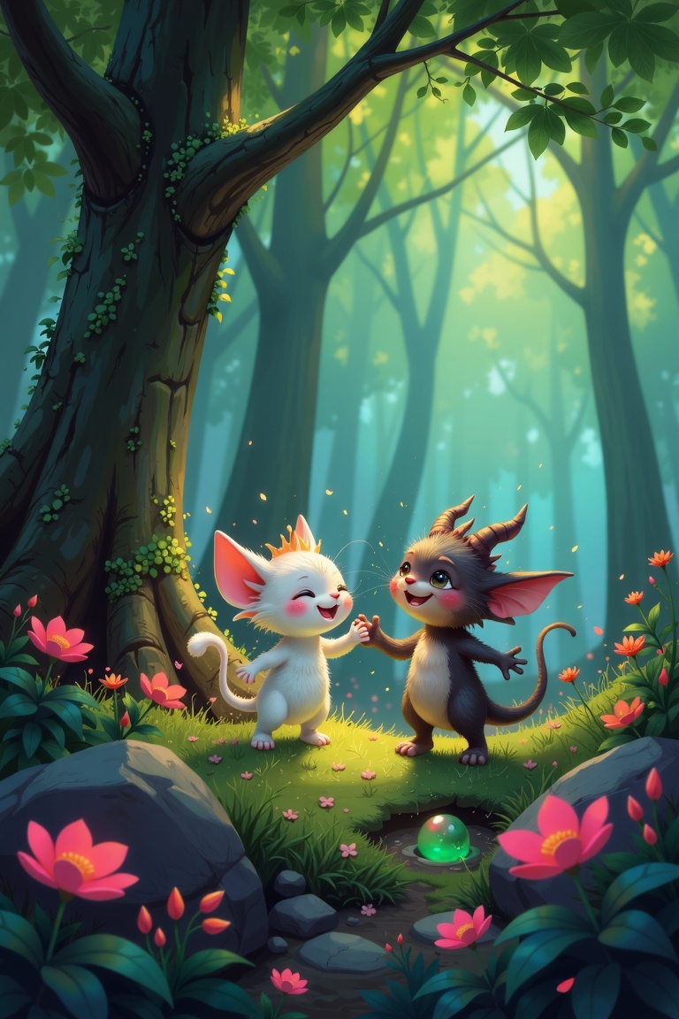 A digital artwork inspired by Goro Fujita's style,  showcasing little creatures enjoying themselves in a lush forest. The...