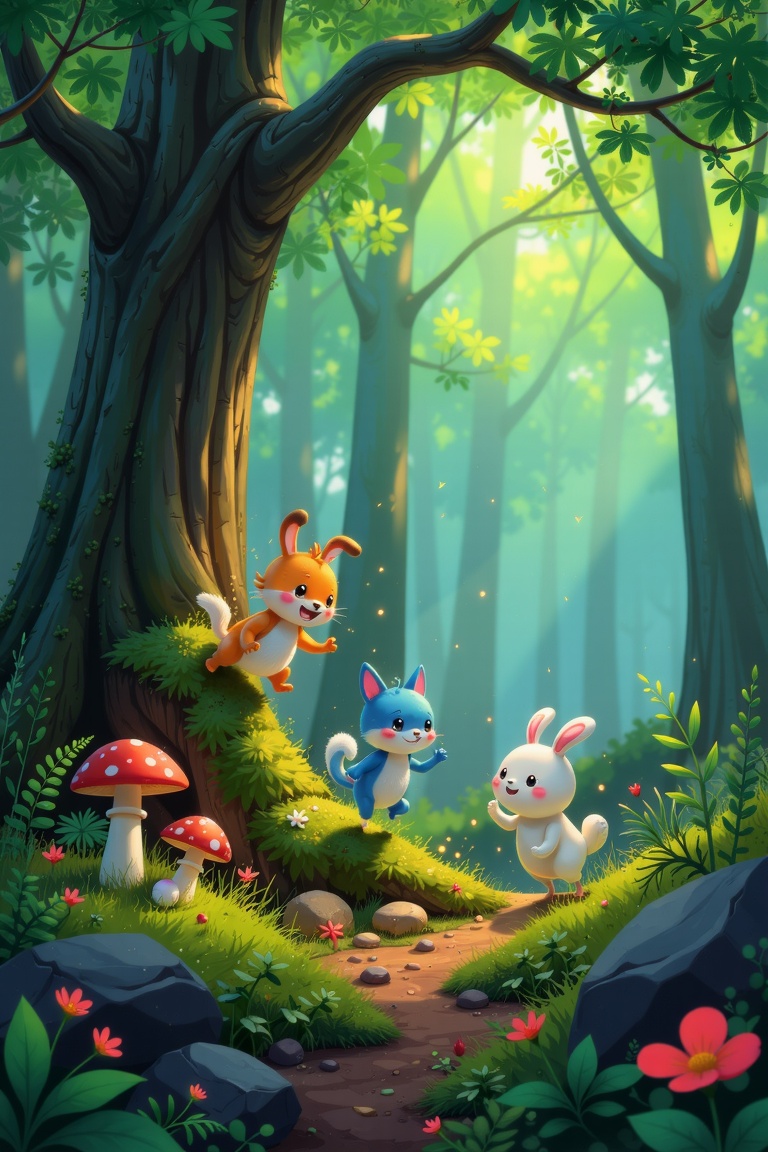 A vibrant digital artwork in Goro Fujita's style,  featuring little creatures playfully interacting in a lush forest. The...