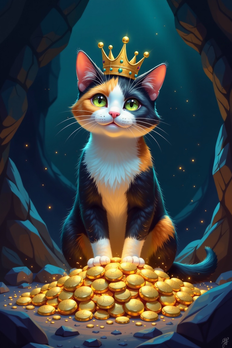 A digital artwork in Goro Fujita’s style,  featuring a calico-patterned cat wearing a golden crown,  perched atop a pile o...
