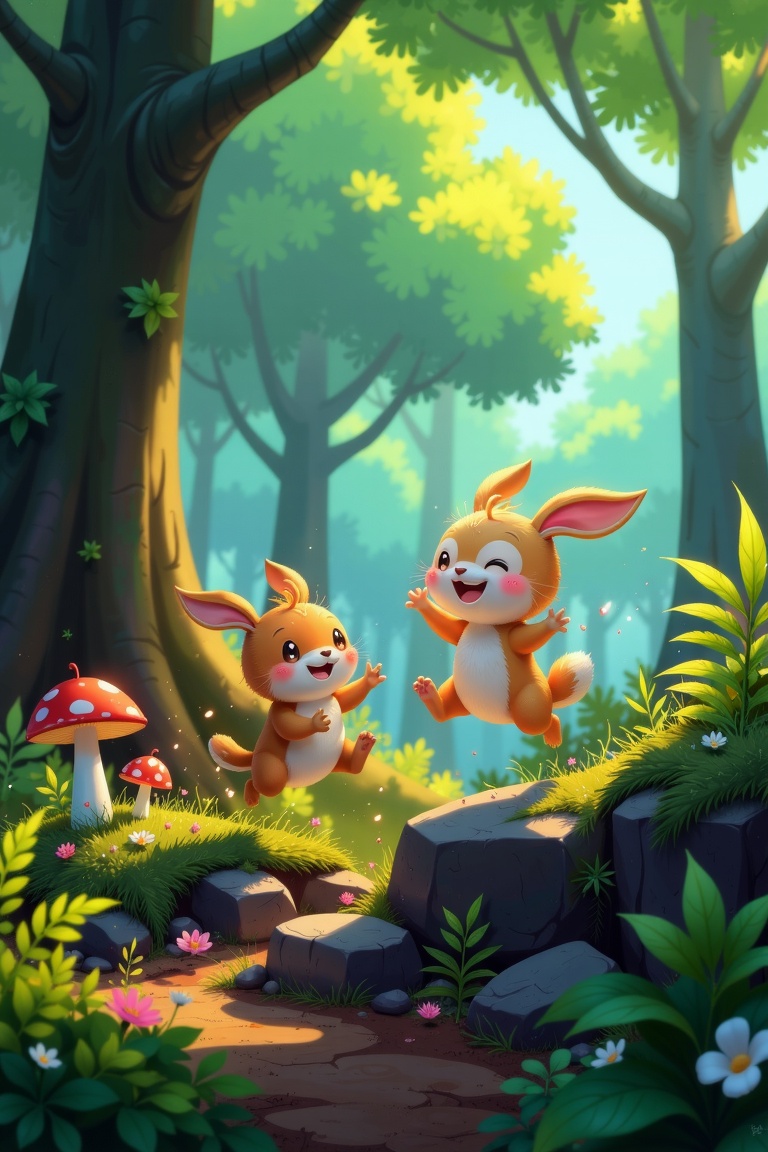 A digital artwork inspired by Goro Fujita's style,  showcasing little creatures enjoying themselves in a lush forest. The...