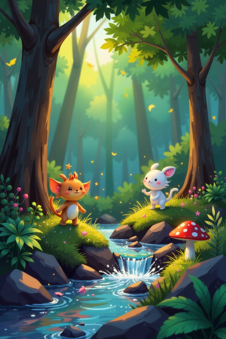 Digital artwork in Goro Fujita's style,  featuring little creatures having fun in a lush forest. Framed as an overhead vie...