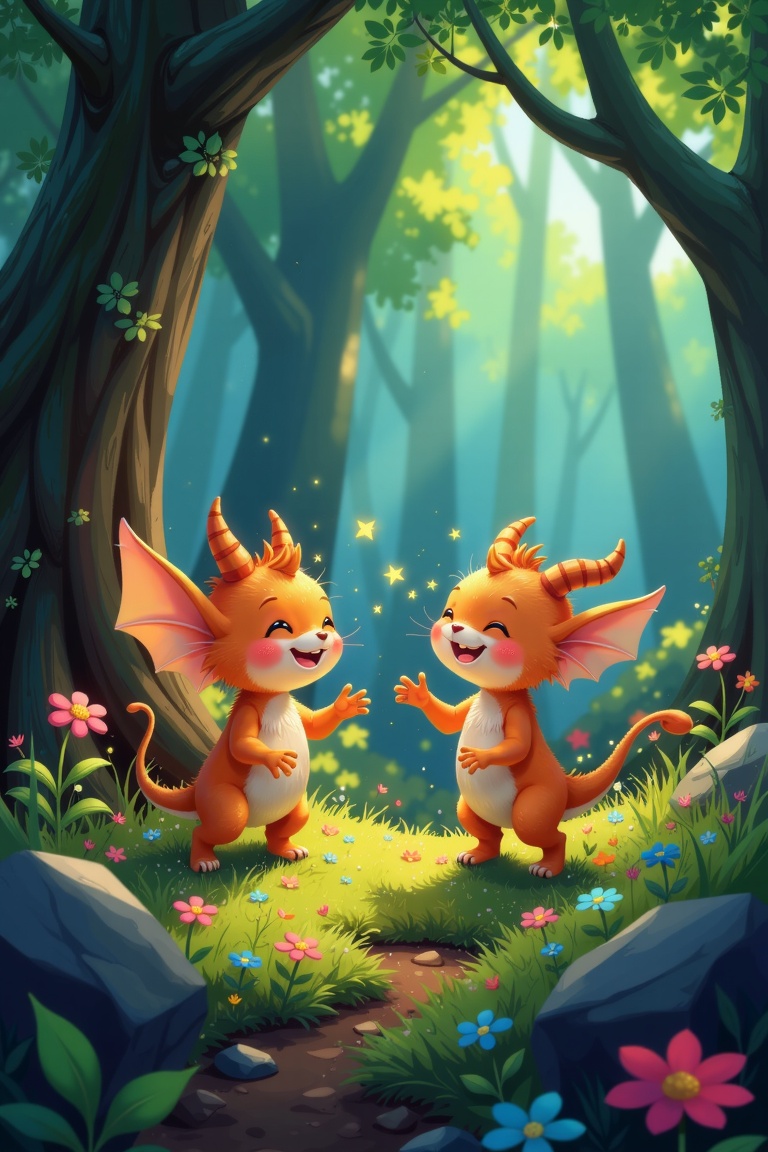 A digital artwork inspired by Goro Fujita's style,  showcasing little creatures enjoying themselves in a lush forest. The...