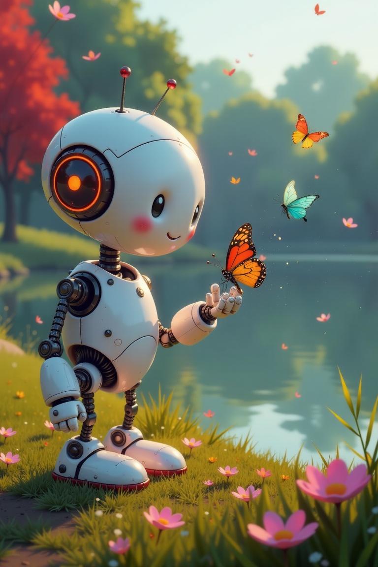 A whimsical digital artwork in goro fujita style,  featuring a close-up of a friendly robot character playing with colorfu...