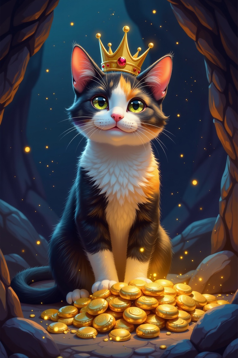 A digital artwork in Goro Fujita’s style,  featuring a calico-patterned cat wearing a golden crown,  perched atop a pile o...