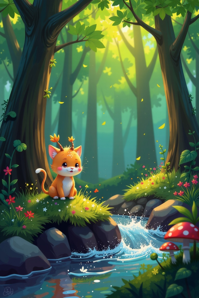 Digital artwork in Goro Fujita's style,  featuring little creatures having fun in a lush forest. Framed as an overhead vie...
