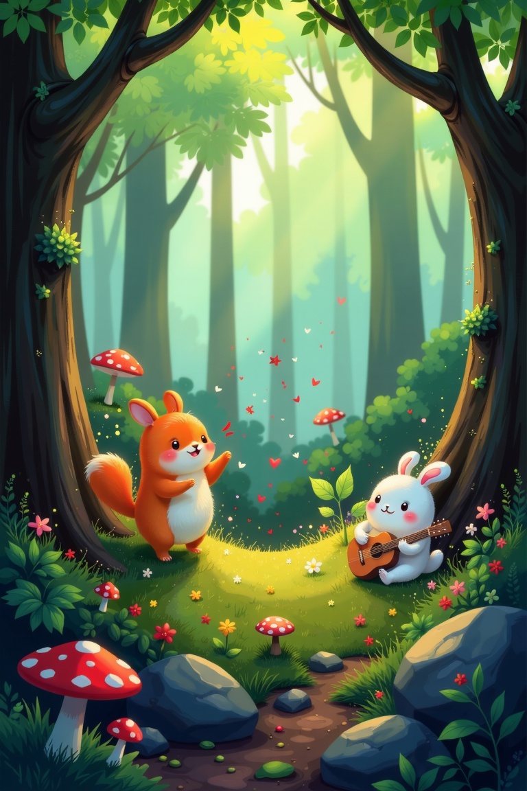 Digital artwork in Goro Fujita's style,  depicting little creatures having fun in a lush forest. Framed as an overhead vie...