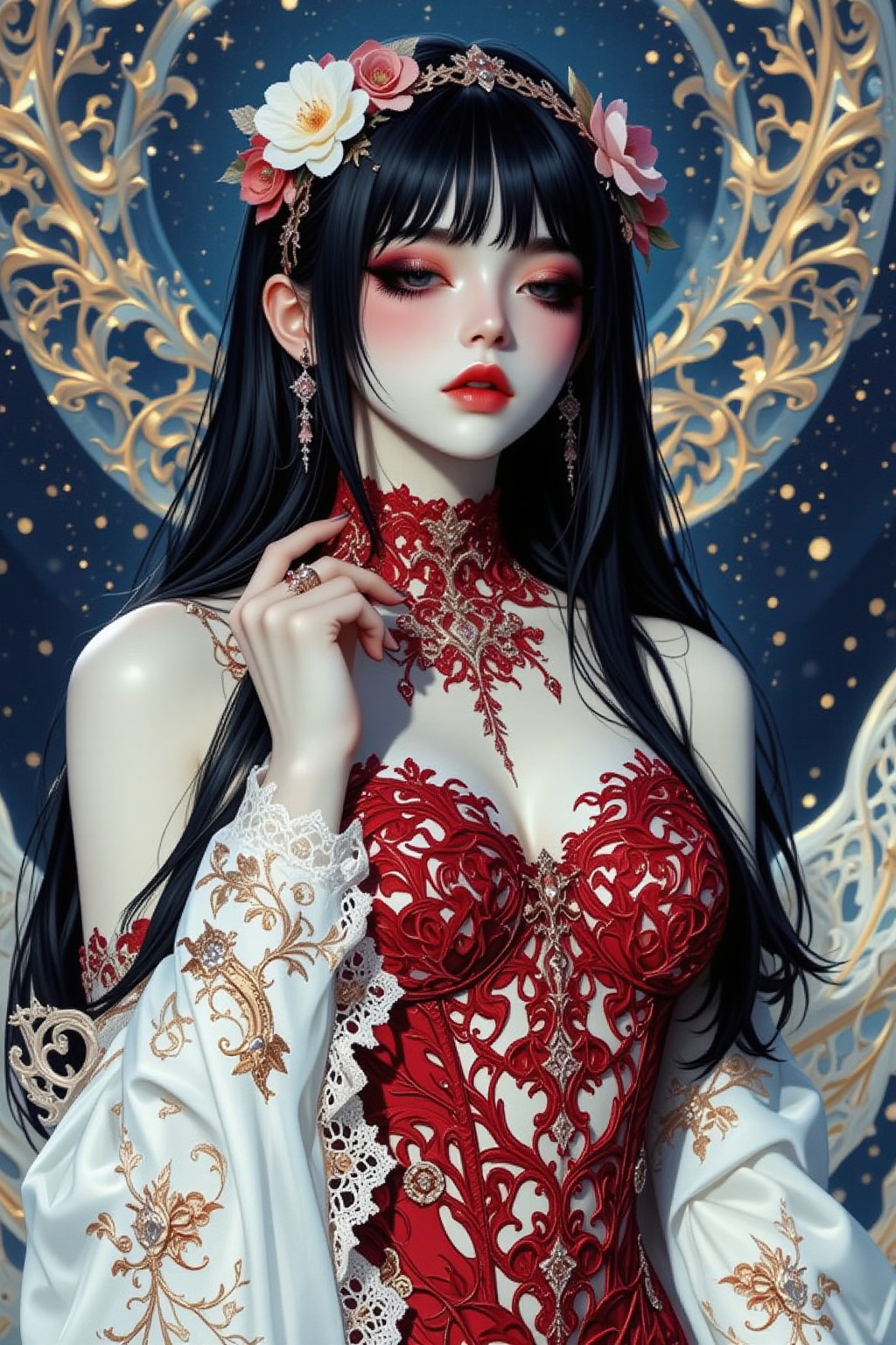 Create a hyper-realistic digital portrait featuring a 20-year-old Slavic woman,  embodying an ethereal,  gothic beauty. Th...