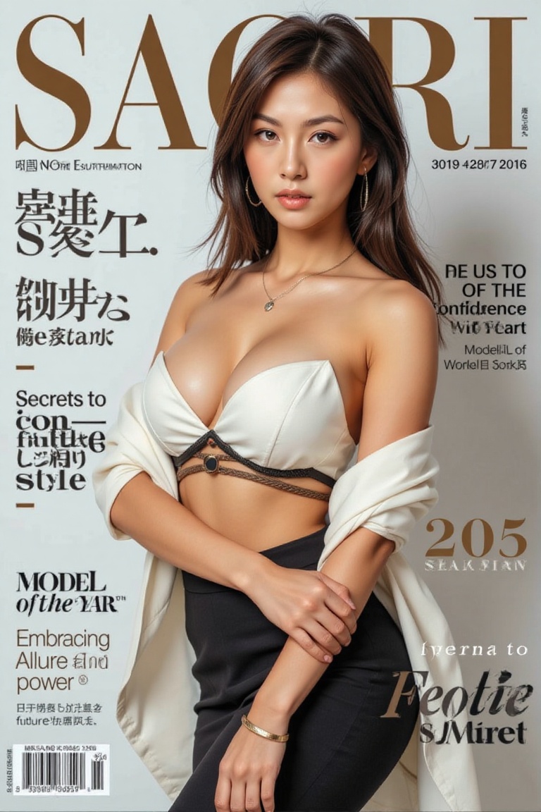A stunning Japanese female model with an enhanced bust size dominates the magazine cover,  posing confidently against a ne...
