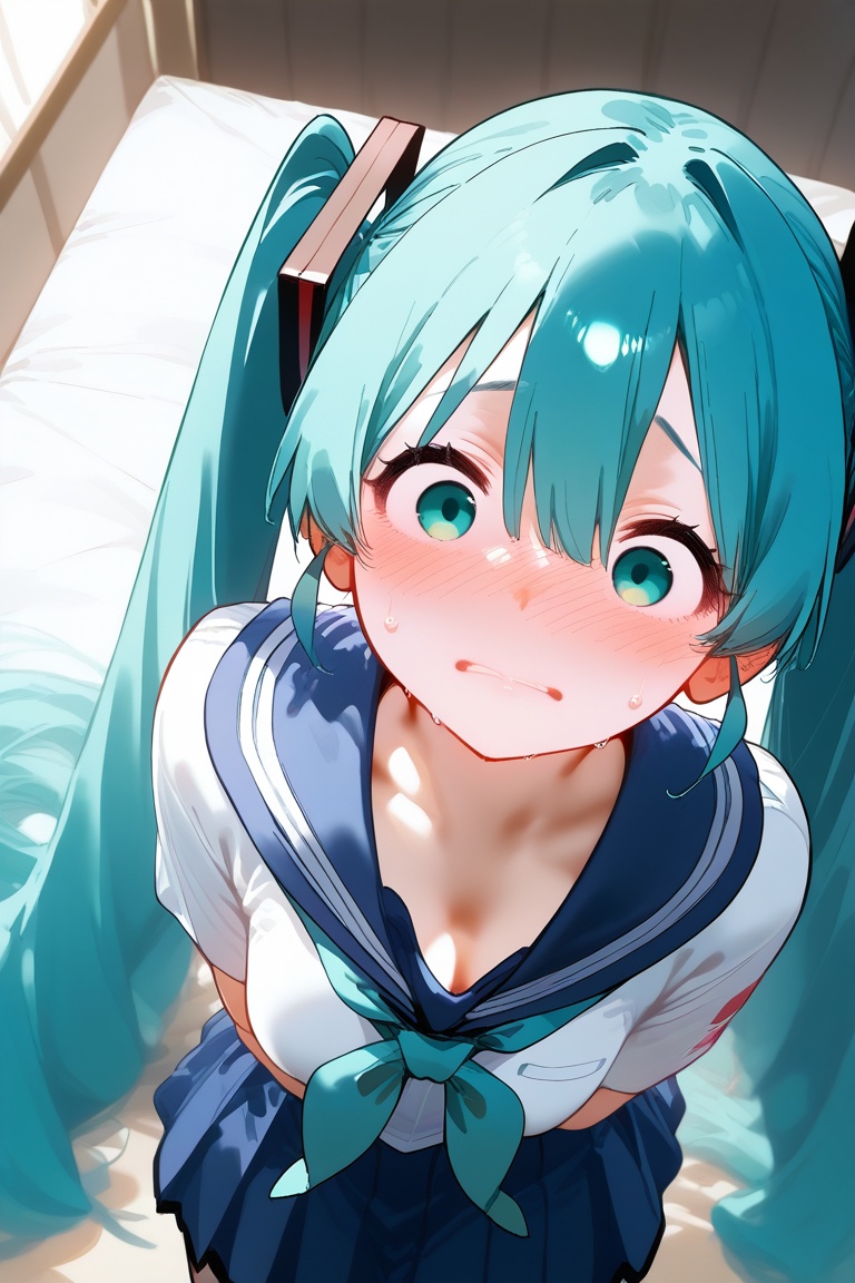 Hatsune Miku in School PE Uniform,  top view,  shy on Tensor.Art