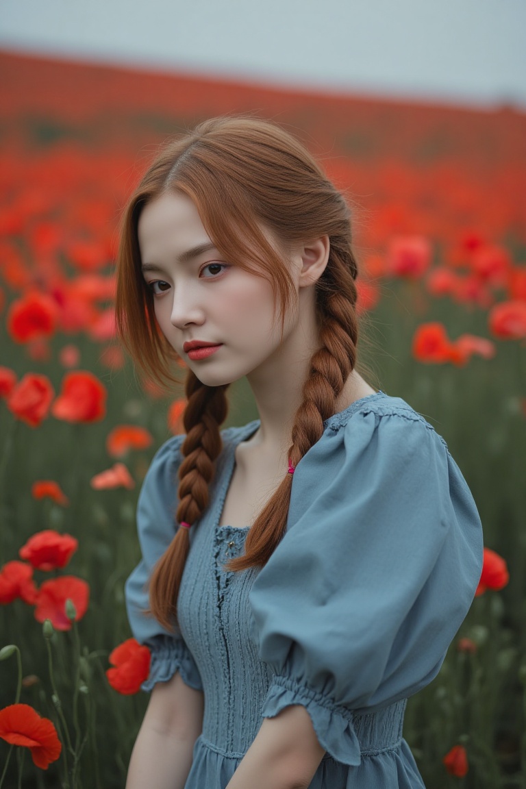 A dreamy and ethereal portrait of a young woman with delicate,  fair skin and long,  auburn hair styled into two elegant b...