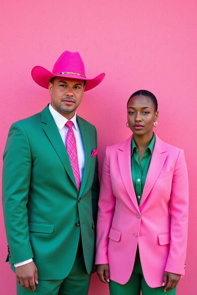 Two men are standing side by side in front of a pink wall. The man on the left is wearing a bright pink cowboy hat that is...