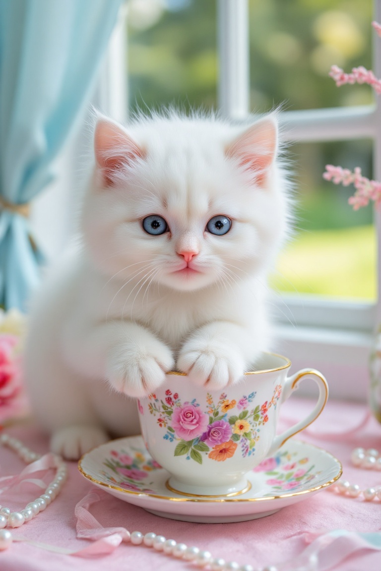 A whimsical portrayal of a white kitten with striking blue eyes,  seated beside a delicate porcelain teacup adorned with f...