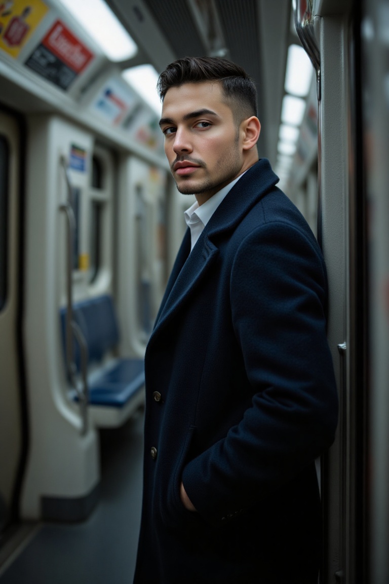 A portrait of a man standing inside a subway train,  captured in a side profile. He is dressed in a dark blue overcoat,  w...