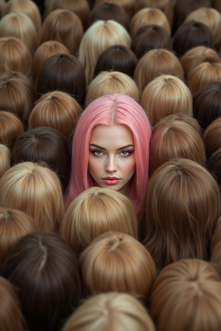 A surreal fashion portrait featuring a woman with pastel pink hair and bold eye makeup,  emerging from a sea of backwards...