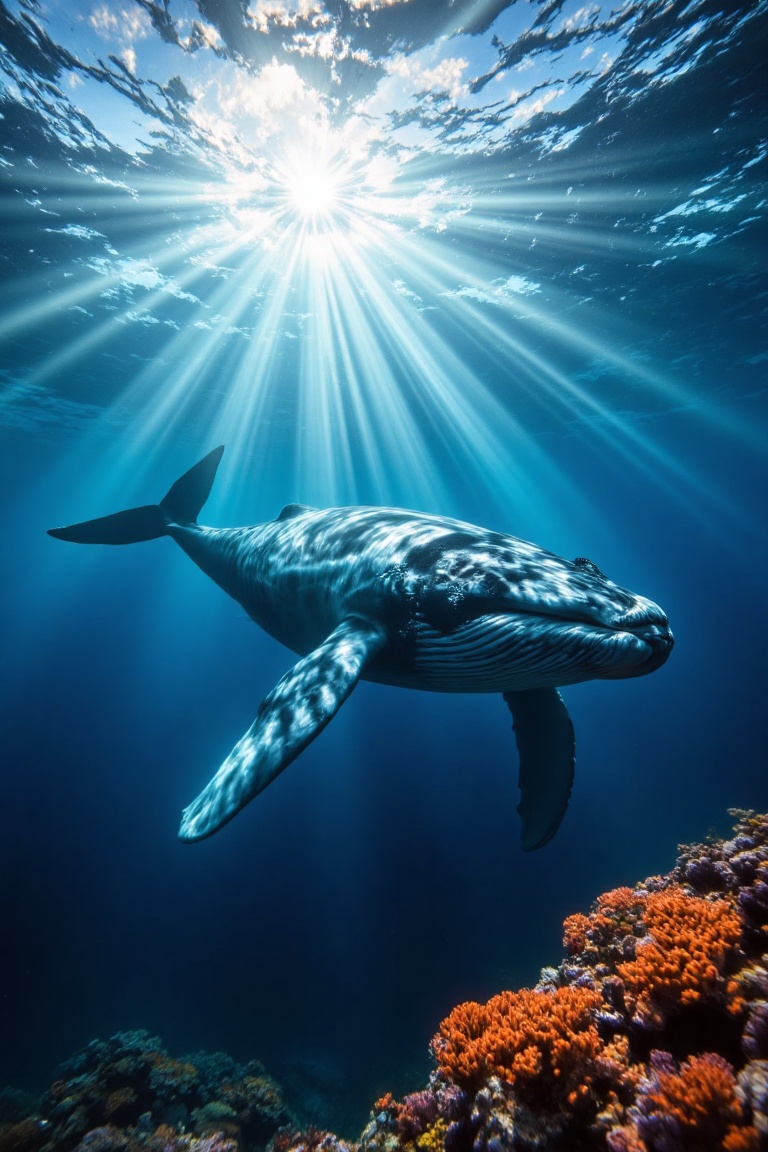 An eye-level shot of a gray whale swimming in the ocean. The whale's tail is facing towards the right side of the frame,...