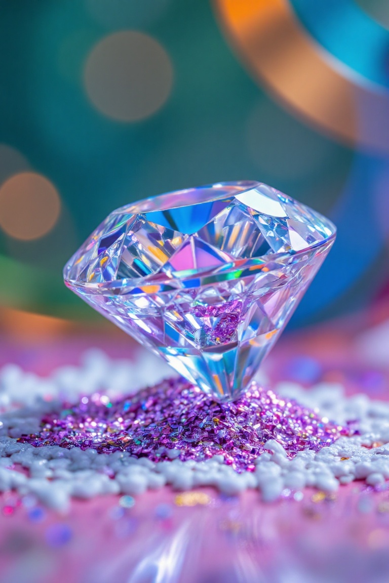 A close-up view of a diamond sitting on top of a pile of glitter. The diamond is shiny and has a light blue center. It is...
