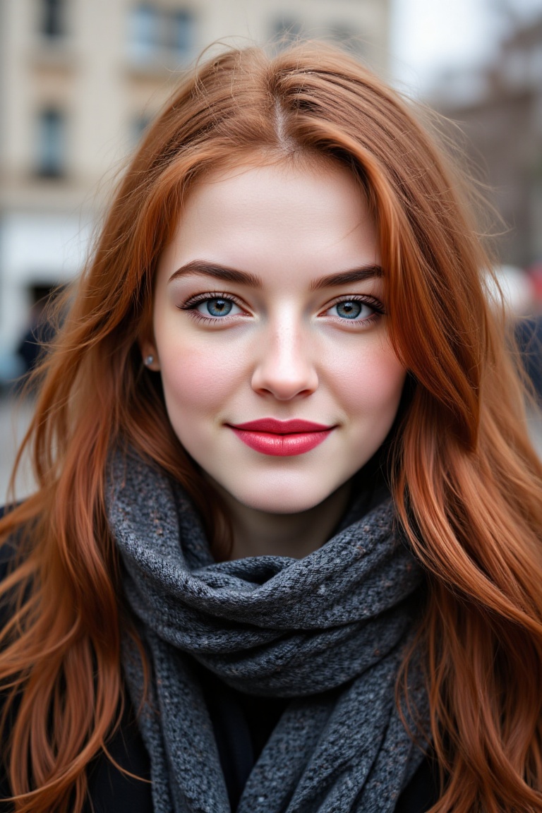 A close-up portrait of a young woman with long reddish-brown hair. The woman's hair cascades over her shoulders,  framing...
