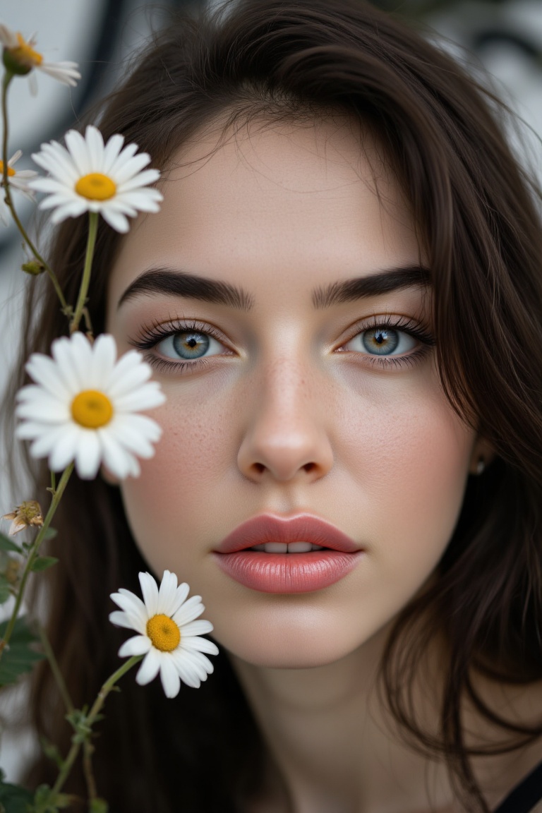 A close-up shot of a woman's face is angled towards the left. Her eyes are a piercing blue and her eyebrows are a darker s...