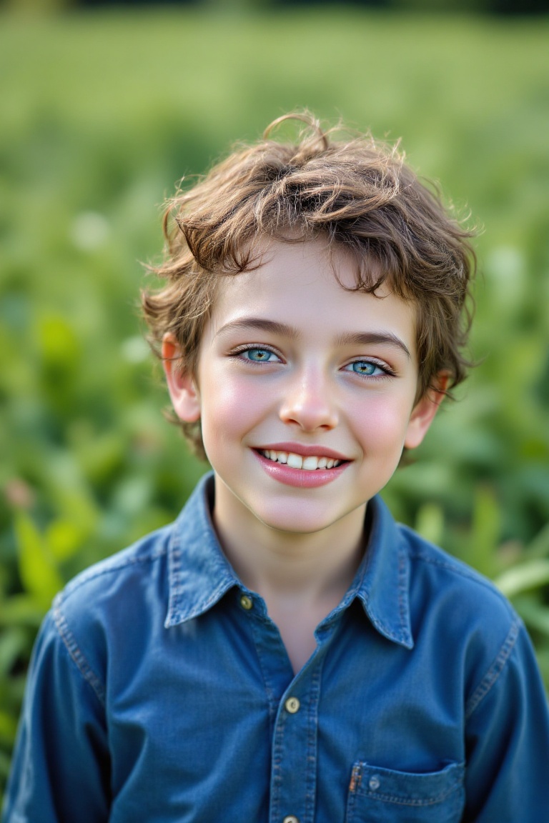 A young boy is smiling at the camera. He is wearing a blue collared button down shirt. His hair is curly and brown. His ey...