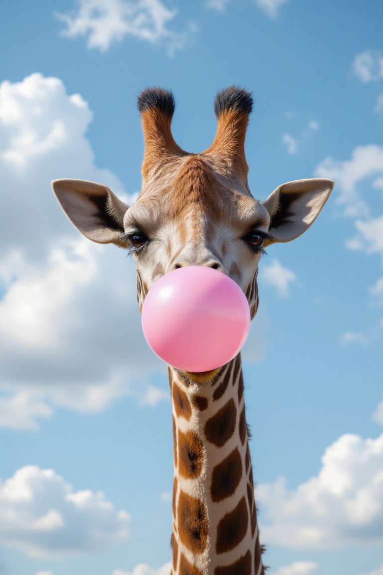 A hyper-realistic and whimsical photograph of a giraffe standing against a bright blue sky with fluffy white clouds. The g...