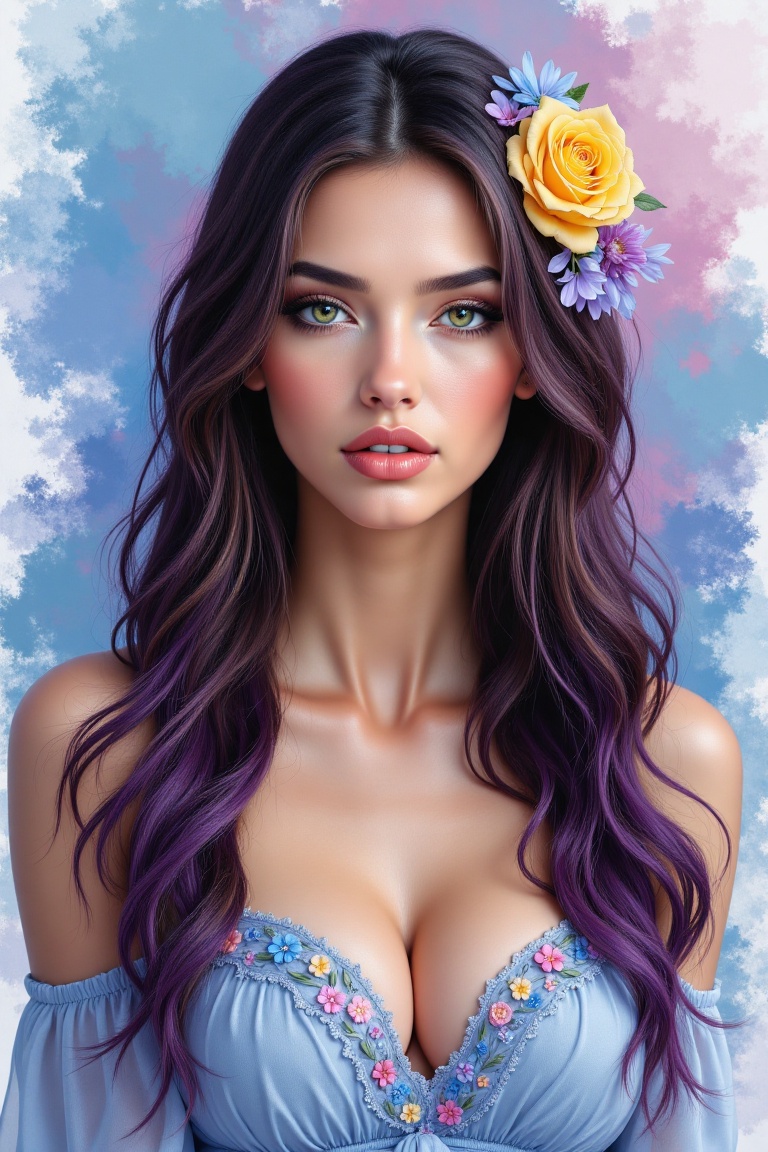 A highly detailed and ultra-realistic portrait of a young woman with mesmerizing green eyes,  soft and flawless skin,  and...