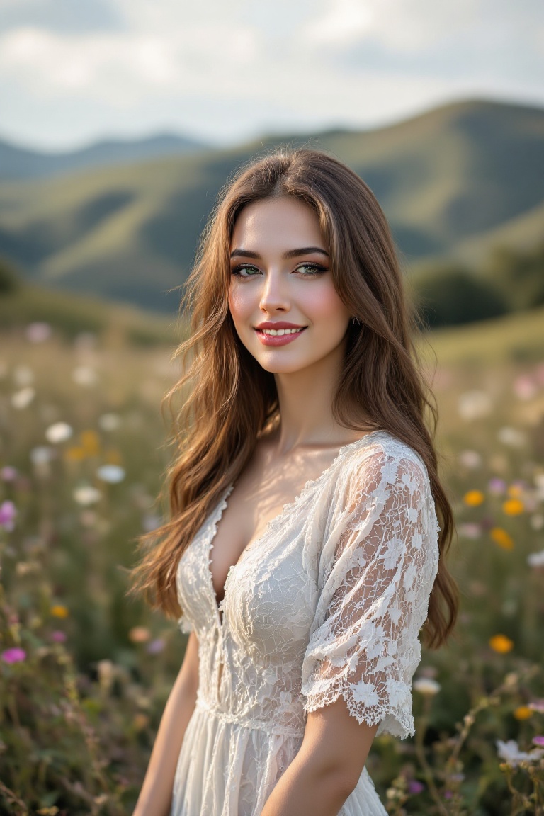 A portrait of a young woman outdoors,  captured in a candid moment. She is positioned in the foreground,  with her face tu...