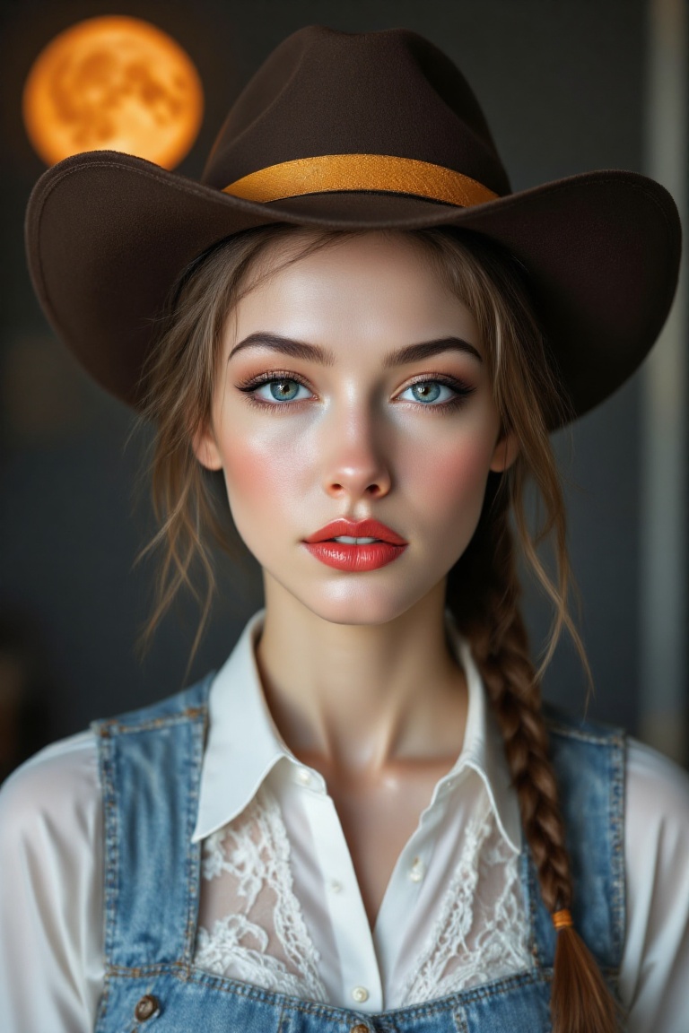 A close-up of a young woman's face,  positioned in a portrait. She is wearing a dark brown cowboy hat with a yellow band a...