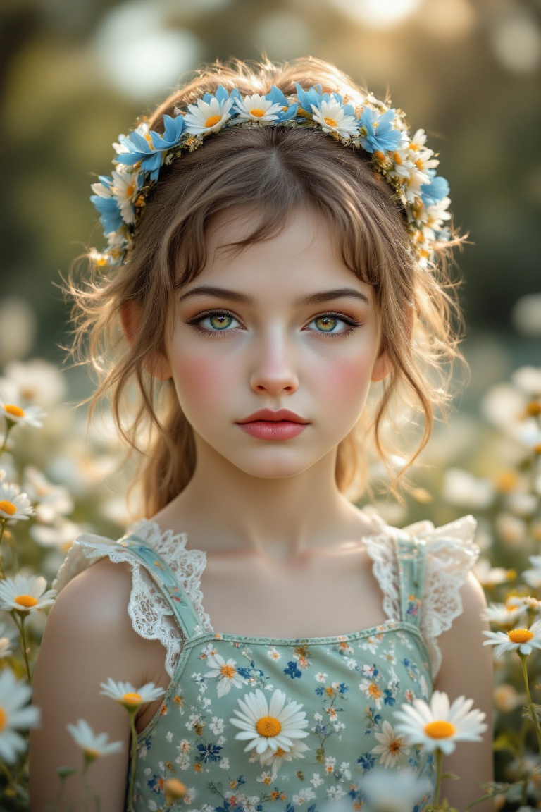 A portrait of a young girl,  captured outdoors during what appears to be the golden hour,  with sunlight filtering through...