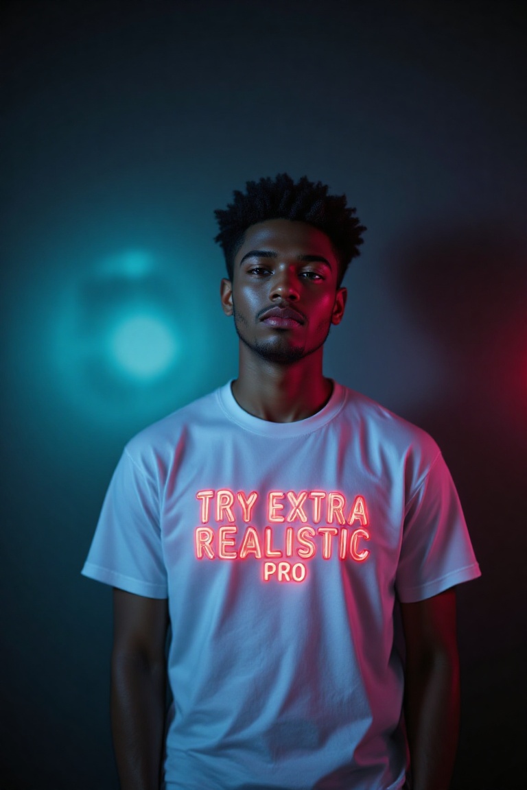 A confident young Black man with short curly hair,  standing against a moody teal and dark gradient background. He has a r...