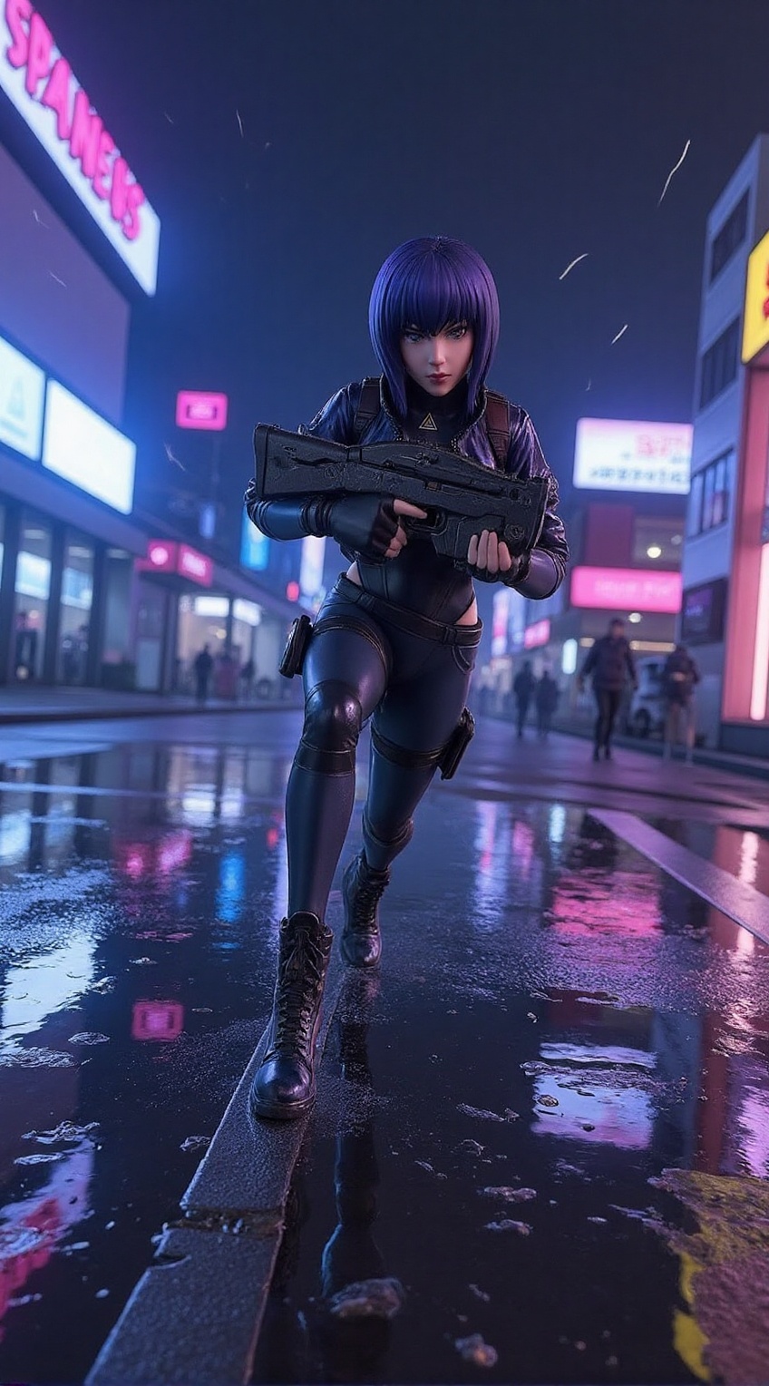 Anime of Kusanagi Motoko from Ghost in the Shell charges forward,  gripping a rifle in each hand,  her cybernetic body in...