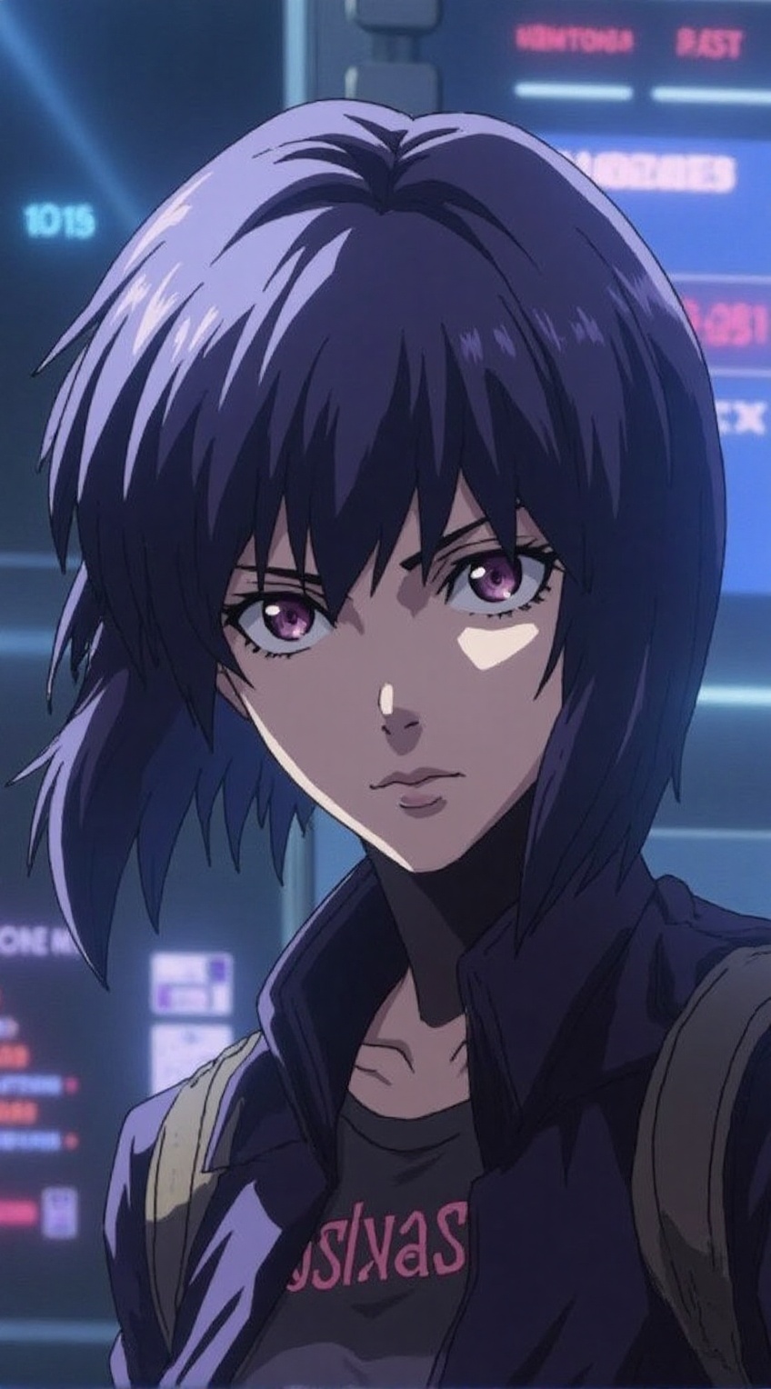 A close-up anime-style portrait of Motoko Kusanagi from Ghost in the Shell,  drawn in a high-quality TV anime aesthetic. H...