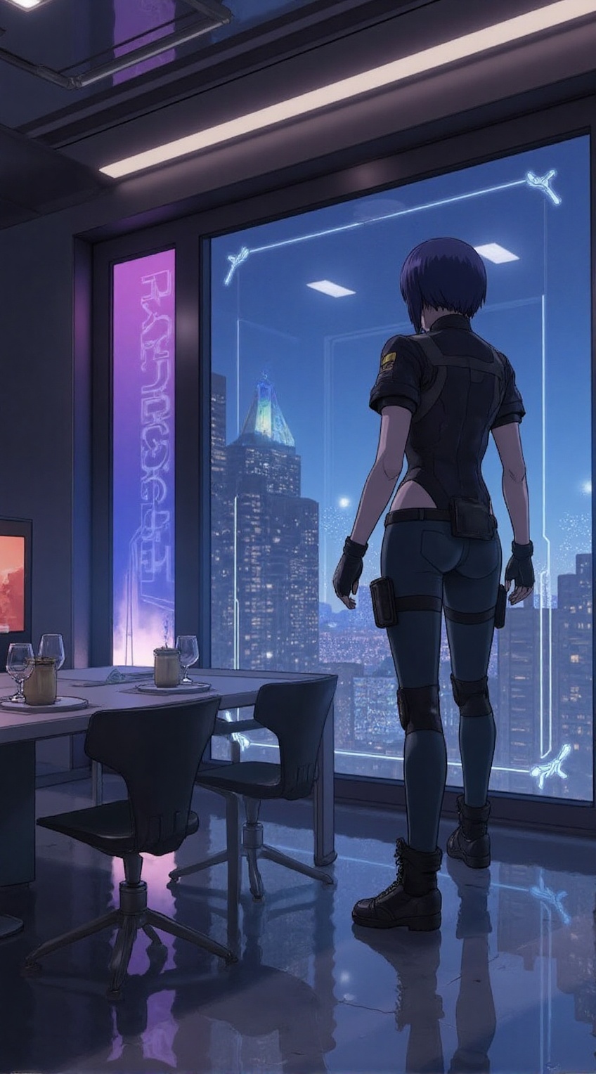 Motoko Kusanagi from Ghost in the Shell stands by the window in a high-tech conference room,  gazing out at the futuristic...