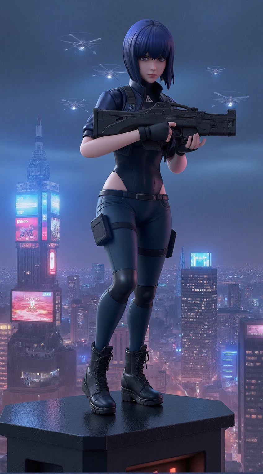 Anime CG of Kusanagi Motoko from Ghost in the Shell stands atop a futuristic skyscraper,  overlooking a neon-lit cyberpunk...