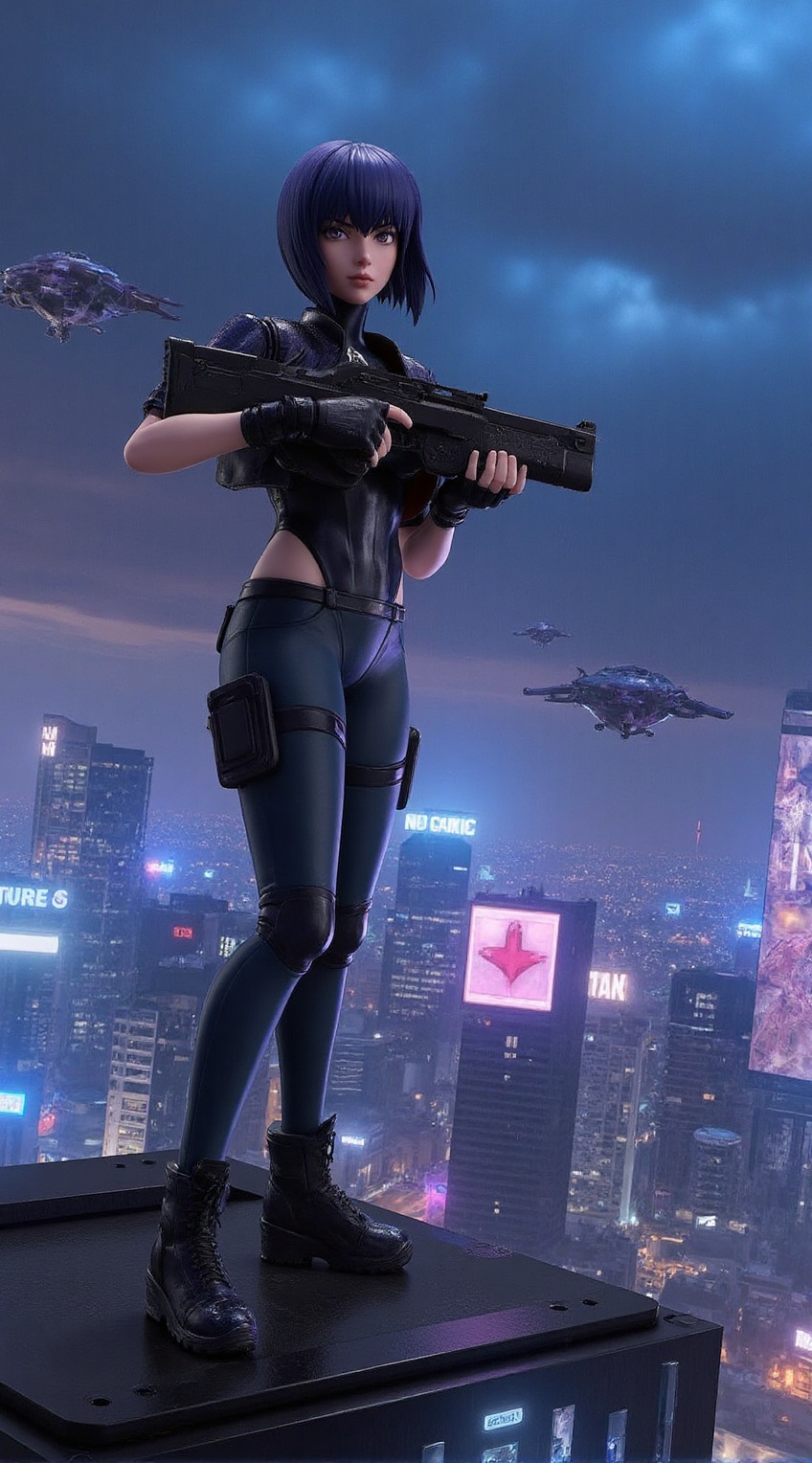 Anime CG of Kusanagi Motoko from Ghost in the Shell stands atop a futuristic skyscraper,  overlooking a neon-lit cyberpunk...
