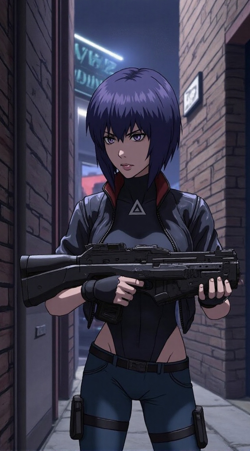 Motoko Kusanagi from Ghost in the Shell stands in a narrow brick alleyway,  holding a futuristic rifle with a firm grip. H...