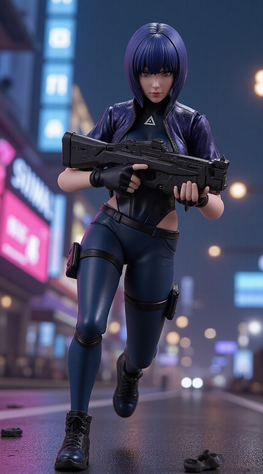 Kusanagi Motoko from Ghost in the Shell charges forward,  gripping a rifle in each hand,  her cybernetic body in perfect m...
