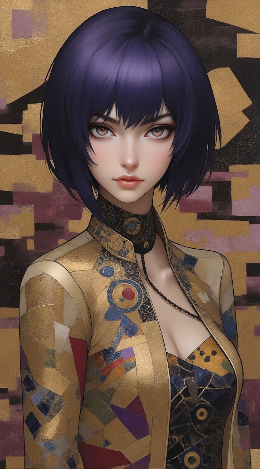 Portrait of a captivating woman,  reminiscent of Kusanagi Mokoto in Ghost in a Shell SAC 2045,  patchwork-inspired aesthet...