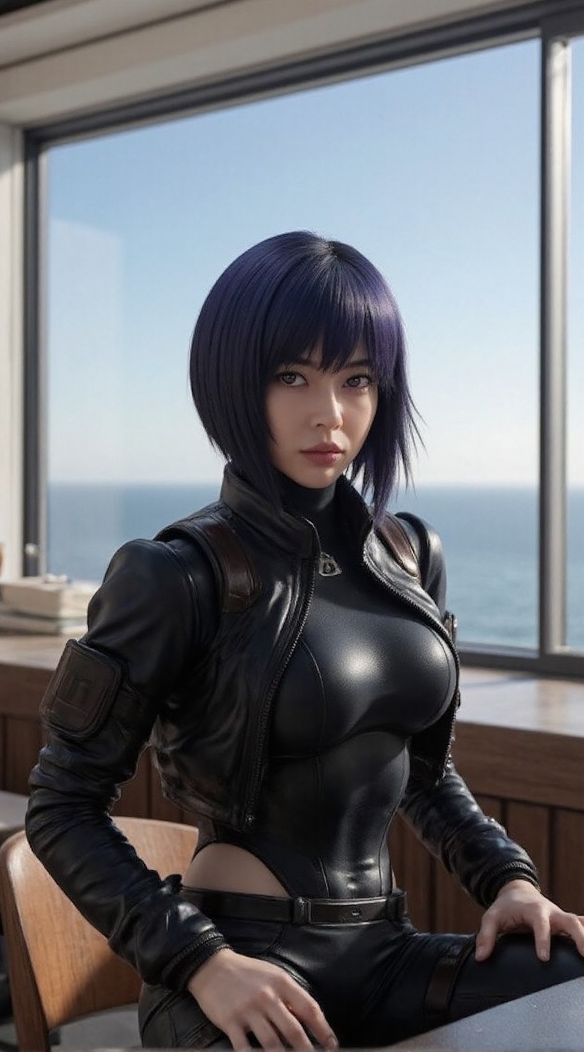 hyper-realistic depiction of Motoko Kusanagi from Ghost in the Shell,  appearing as a real Japanese woman. She sits at an...