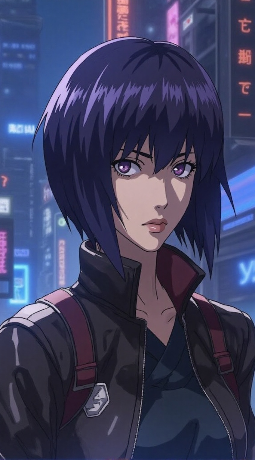 A close-up anime-style portrait of Motoko Kusanagi from Ghost in the Shell,  drawn in a high-quality TV anime aesthetic. H...