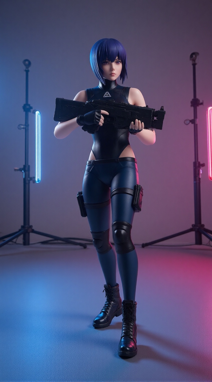 Motoko Kusanagi from Ghost in the Shell poses in a professional photo studio,  styled in a manga-inspired cyberpunk aesthe...